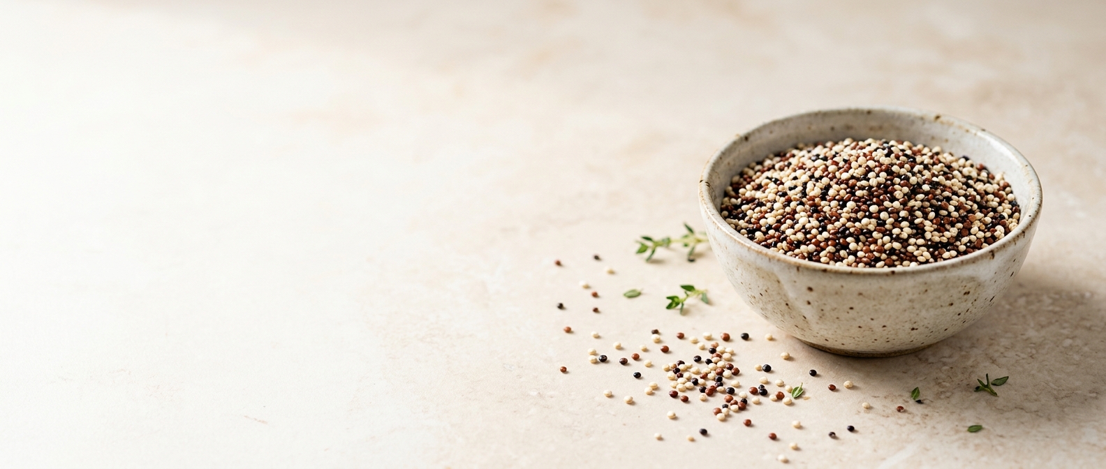 A bowl of grains on a warm natural surface